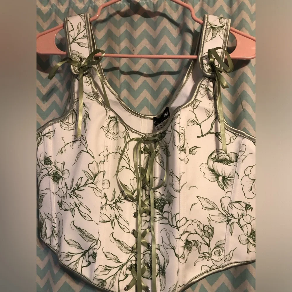 Scarlet Darkness spring floral print green white corset top RenFest cosplay - Picture 2 of 12
